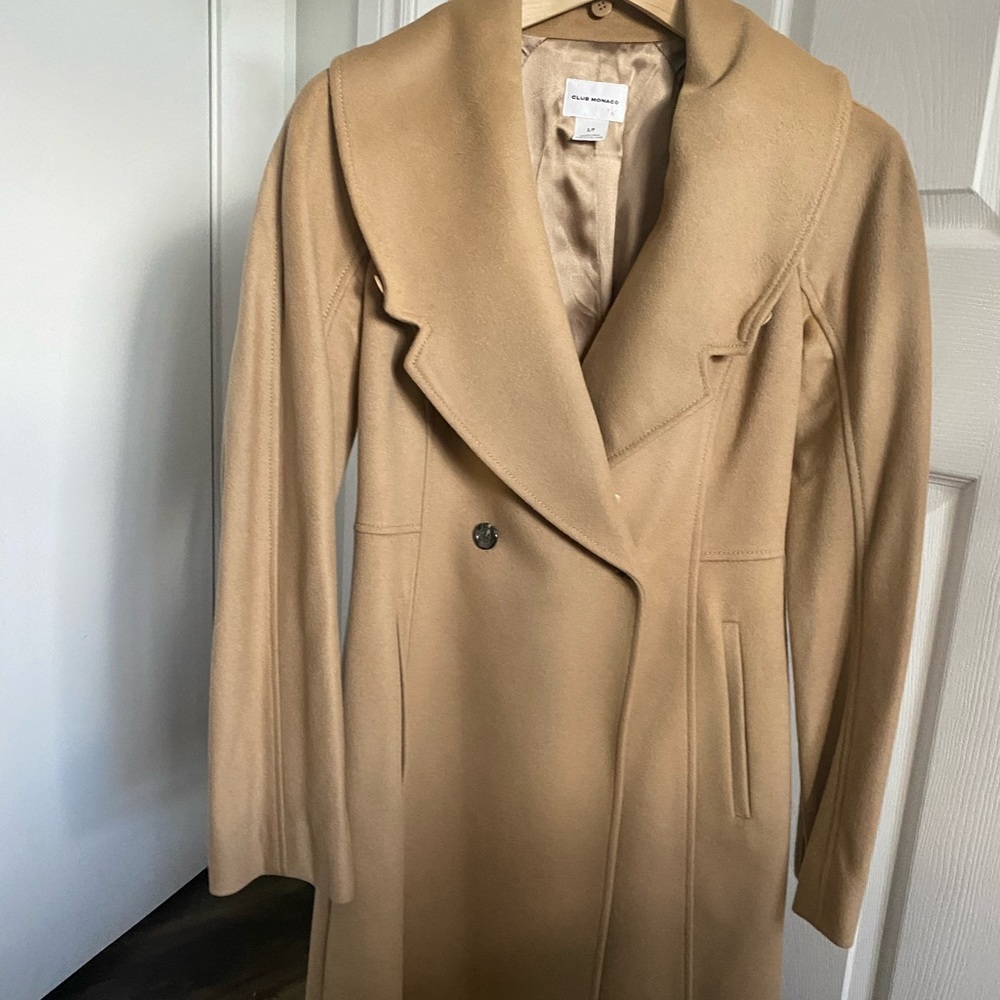 Club Monaco wool and cashmere camel coat with faux fur removable collar